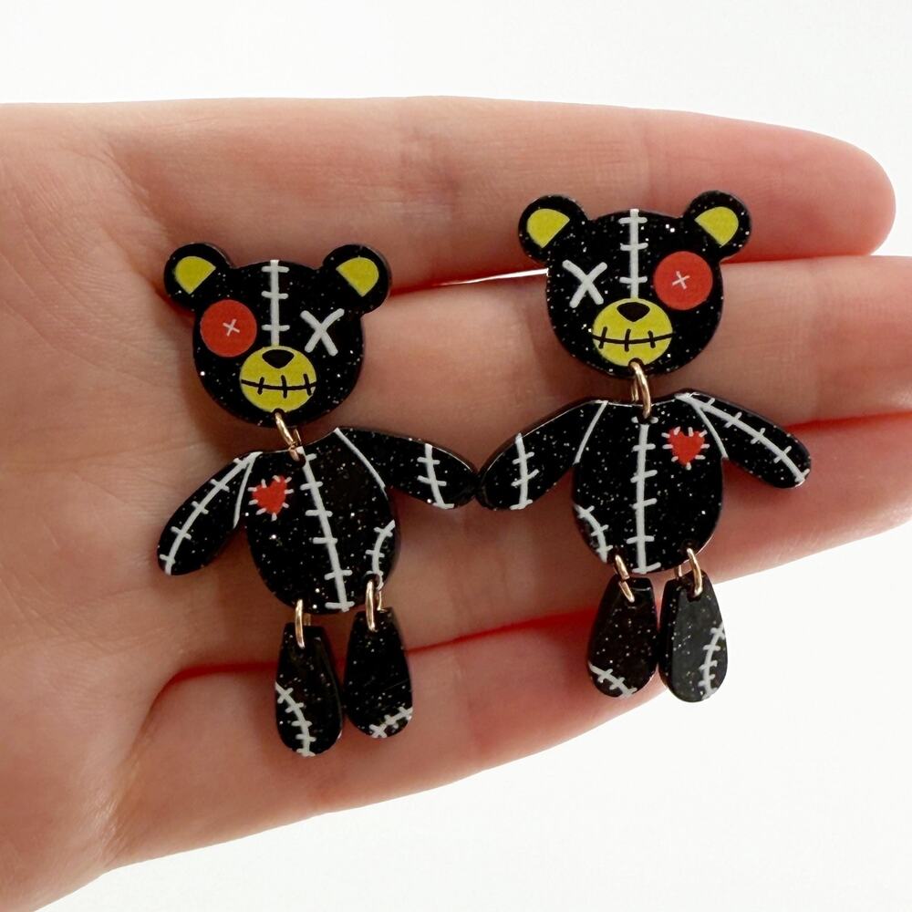 Creepy Teddy Earrings, Halloween Jewelry, Punk, Goth, Emo, Novelty Earrings